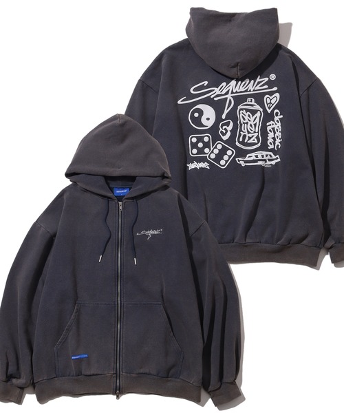 SEQUENZ(シークエンズ)の「【SEQUENZ/シークエンズ】LOGO MOTIF WASHED ZIP P/K / 裏起毛 アートワークデザイン スノーウォッシュ加工 ジップアップパーカー(パーカー・メンズ・ピンク/ダークブラウン/ネイビー/ブラック・M/L/XL/S)」の3枚目の写真