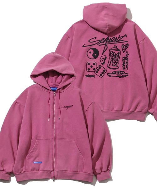 SEQUENZ(シークエンズ)の「【SEQUENZ/シークエンズ】LOGO MOTIF WASHED ZIP P/K / 裏起毛 アートワークデザイン スノーウォッシュ加工 ジップアップパーカー(パーカー・メンズ・ピンク/ダークブラウン/ネイビー/ブラック・M/L/XL/S)」の4枚目の写真