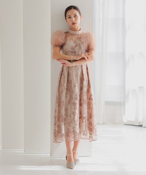 haremode（ハレモード）の「結婚式 お呼ばれ 二次会 謝恩会 成人式 同窓会 対応 20代 30代 レース 刺繍 チュール パフスリーブ ハイネック フレア ロング丈 きれいめ  セレモニー パーティ オケージョン ドレス（ドレス・レディース・ネイビー/ブルー系その他/ベージュ/シルバー・S/M）」の5枚目の写真