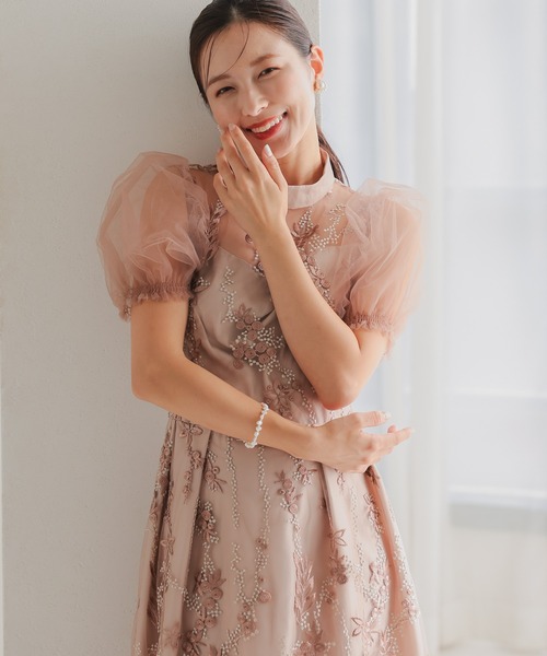 haremode（ハレモード）の「結婚式 お呼ばれ 二次会 謝恩会 成人式 同窓会 対応 20代 30代 レース 刺繍 チュール パフスリーブ ハイネック フレア ロング丈 きれいめ  セレモニー パーティ オケージョン ドレス（ドレス・レディース・ネイビー/ブルー系その他/ベージュ/シルバー・S/M）」の6枚目の写真