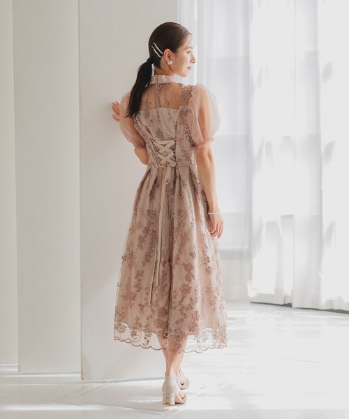 haremode（ハレモード）の「結婚式 お呼ばれ 二次会 謝恩会 成人式 同窓会 対応 20代 30代 レース 刺繍 チュール パフスリーブ ハイネック フレア ロング丈 きれいめ  セレモニー パーティ オケージョン ドレス（ドレス・レディース・ネイビー/ブルー系その他/ベージュ/シルバー・S/M）」の7枚目の写真