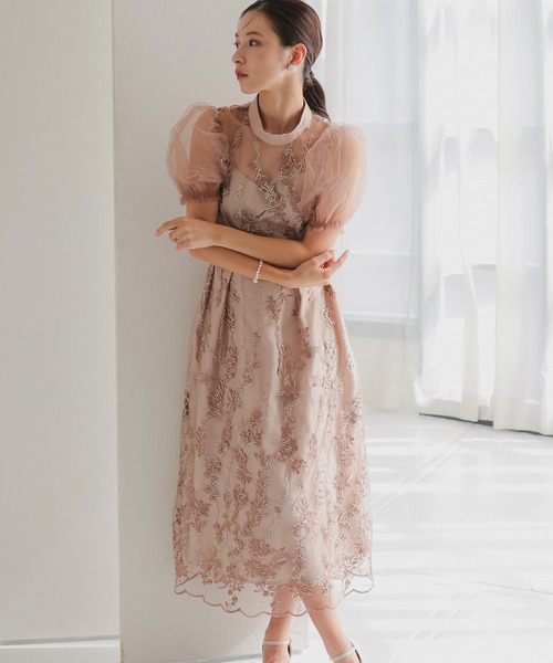 haremode（ハレモード）の「結婚式 お呼ばれ 二次会 謝恩会 成人式 同窓会 対応 20代 30代 レース 刺繍 チュール パフスリーブ ハイネック フレア ロング丈 きれいめ  セレモニー パーティ オケージョン ドレス（ドレス・レディース・ネイビー/ブルー系その他/ベージュ/シルバー・S/M）」の8枚目の写真