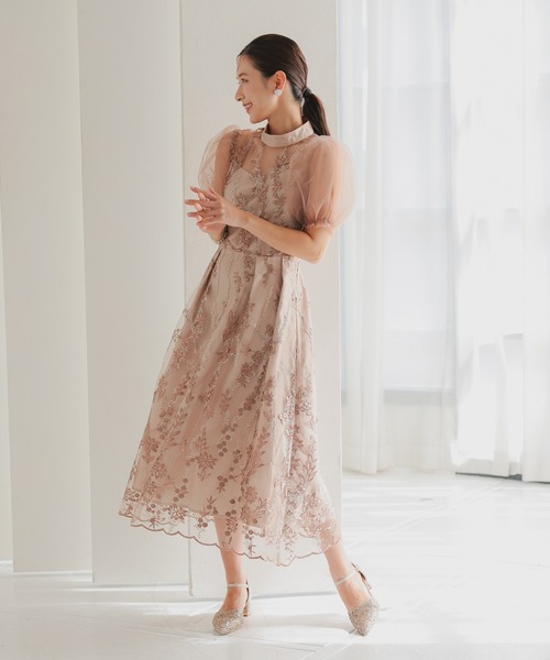 haremode（ハレモード）の「結婚式 お呼ばれ 二次会 謝恩会 成人式 同窓会 対応 20代 30代 レース 刺繍 チュール パフスリーブ ハイネック フレア ロング丈 きれいめ  セレモニー パーティ オケージョン ドレス（ドレス・レディース・ネイビー/ブルー系その他/ベージュ/シルバー・S/M）」の9枚目の写真