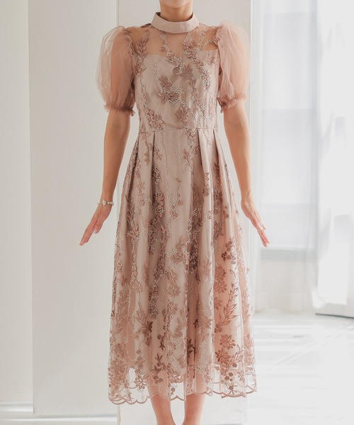 haremode（ハレモード）の「結婚式 お呼ばれ 二次会 謝恩会 成人式 同窓会 対応 20代 30代 レース 刺繍 チュール パフスリーブ ハイネック フレア ロング丈 きれいめ  セレモニー パーティ オケージョン ドレス（ドレス・レディース・ネイビー/ブルー系その他/ベージュ/シルバー・S/M）」の10枚目の写真