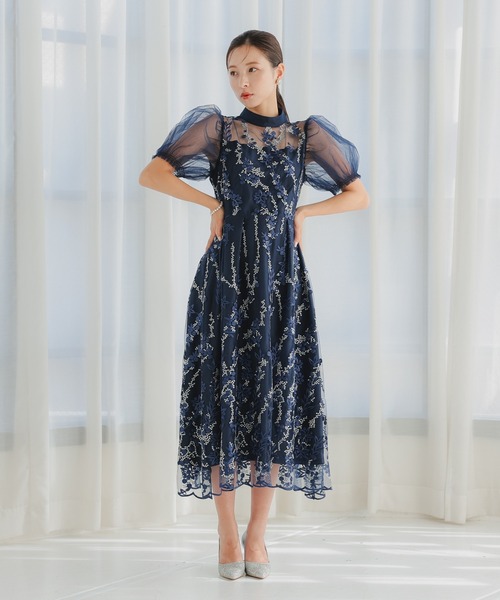 haremode（ハレモード）の「結婚式 お呼ばれ 二次会 謝恩会 成人式 同窓会 対応 20代 30代 レース 刺繍 チュール パフスリーブ ハイネック フレア ロング丈 きれいめ  セレモニー パーティ オケージョン ドレス（ドレス・レディース・ネイビー/ブルー系その他/ベージュ/シルバー・S/M）」の11枚目の写真