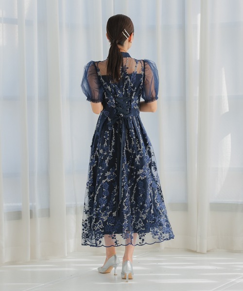 haremode（ハレモード）の「結婚式 お呼ばれ 二次会 謝恩会 成人式 同窓会 対応 20代 30代 レース 刺繍 チュール パフスリーブ ハイネック フレア ロング丈 きれいめ  セレモニー パーティ オケージョン ドレス（ドレス・レディース・ネイビー/ブルー系その他/ベージュ/シルバー・S/M）」の14枚目の写真