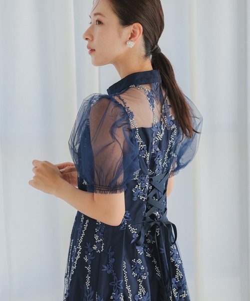 haremode（ハレモード）の「結婚式 お呼ばれ 二次会 謝恩会 成人式 同窓会 対応 20代 30代 レース 刺繍 チュール パフスリーブ ハイネック フレア ロング丈 きれいめ  セレモニー パーティ オケージョン ドレス（ドレス・レディース・ネイビー/ブルー系その他/ベージュ/シルバー・S/M）」の15枚目の写真