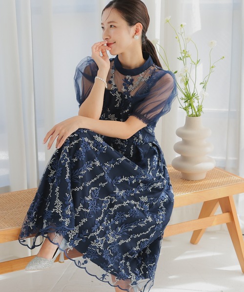 haremode（ハレモード）の「結婚式 お呼ばれ 二次会 謝恩会 成人式 同窓会 対応 20代 30代 レース 刺繍 チュール パフスリーブ ハイネック フレア ロング丈 きれいめ  セレモニー パーティ オケージョン ドレス（ドレス・レディース・ネイビー/ブルー系その他/ベージュ/シルバー・S/M）」の16枚目の写真