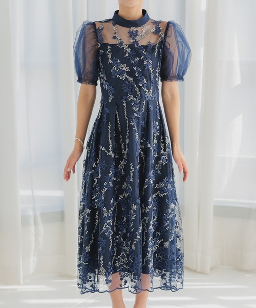 haremode（ハレモード）の「結婚式 お呼ばれ 二次会 謝恩会 成人式 同窓会 対応 20代 30代 レース 刺繍 チュール パフスリーブ ハイネック フレア ロング丈 きれいめ  セレモニー パーティ オケージョン ドレス（ドレス・レディース・ネイビー/ブルー系その他/ベージュ/シルバー・S/M）」の17枚目の写真
