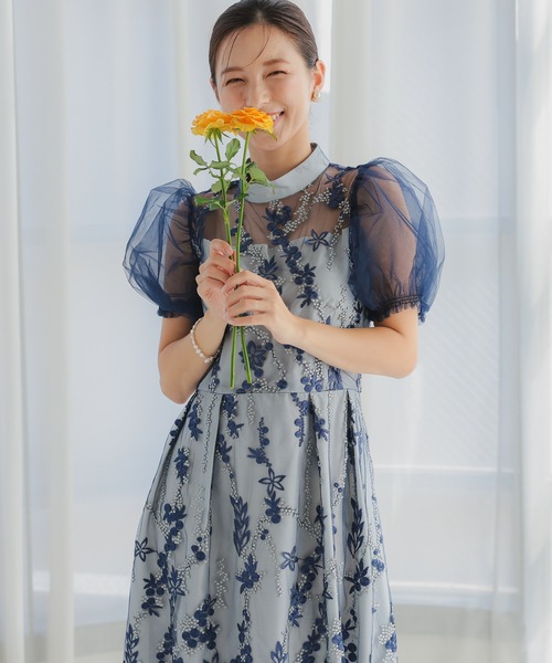 haremode（ハレモード）の「結婚式 お呼ばれ 二次会 謝恩会 成人式 同窓会 対応 20代 30代 レース 刺繍 チュール パフスリーブ ハイネック フレア ロング丈 きれいめ  セレモニー パーティ オケージョン ドレス（ドレス・レディース・ネイビー/ブルー系その他/ベージュ/シルバー・S/M）」の18枚目の写真