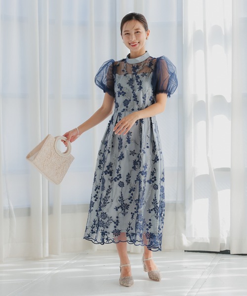 haremode（ハレモード）の「結婚式 お呼ばれ 二次会 謝恩会 成人式 同窓会 対応 20代 30代 レース 刺繍 チュール パフスリーブ ハイネック フレア ロング丈 きれいめ  セレモニー パーティ オケージョン ドレス（ドレス・レディース・ネイビー/ブルー系その他/ベージュ/シルバー・S/M）」の19枚目の写真