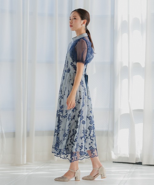 haremode（ハレモード）の「結婚式 お呼ばれ 二次会 謝恩会 成人式 同窓会 対応 20代 30代 レース 刺繍 チュール パフスリーブ ハイネック フレア ロング丈 きれいめ  セレモニー パーティ オケージョン ドレス（ドレス・レディース・ネイビー/ブルー系その他/ベージュ/シルバー・S/M）」の20枚目の写真