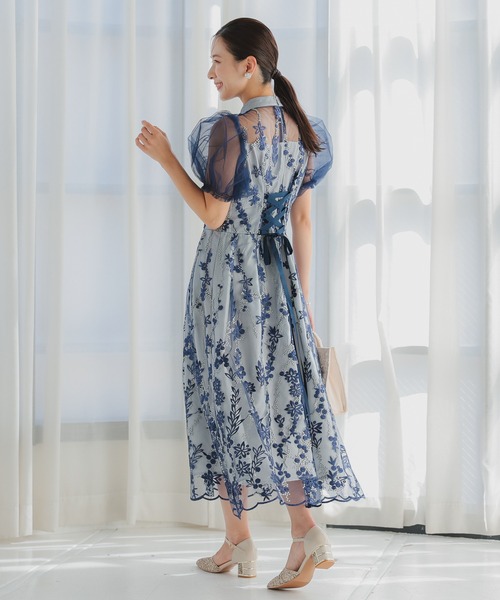 haremode（ハレモード）の「結婚式 お呼ばれ 二次会 謝恩会 成人式 同窓会 対応 20代 30代 レース 刺繍 チュール パフスリーブ ハイネック フレア ロング丈 きれいめ  セレモニー パーティ オケージョン ドレス（ドレス・レディース・ネイビー/ブルー系その他/ベージュ/シルバー・S/M）」の21枚目の写真