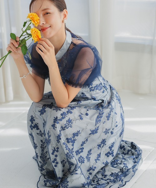 haremode（ハレモード）の「結婚式 お呼ばれ 二次会 謝恩会 成人式 同窓会 対応 20代 30代 レース 刺繍 チュール パフスリーブ ハイネック フレア ロング丈 きれいめ  セレモニー パーティ オケージョン ドレス（ドレス・レディース・ネイビー/ブルー系その他/ベージュ/シルバー・S/M）」の22枚目の写真