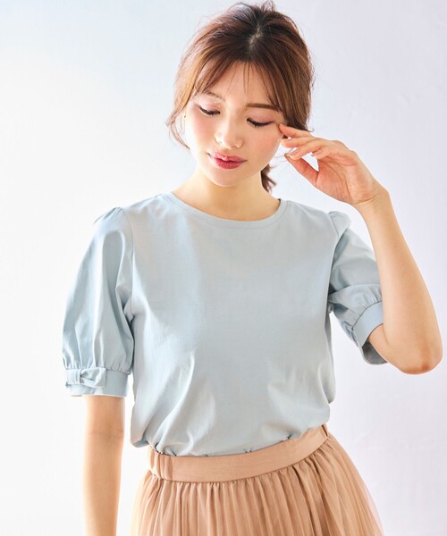 Feroux（フェルゥ）の「パフスリーブリボン Tシャツ（Tシャツ/カットソー・レディース・スカイブルー系/ピンク系/ホワイト系1/ホワイト系・F）」の3枚目の写真