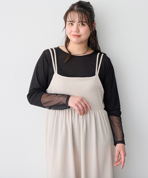 anyfee(エニフィー)の「【anyfee/プラスサイズ】天竺編み袖チュールカットソー(Tシャツ/カットソー・レディース・オフホワイト/ブラック・4L/5L/LL/3L)」の1枚目の写真