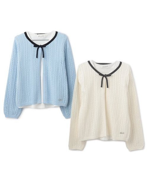 pom ponette junior(ポンポネットジュニア)の「透かし編みカーデ+Tブラウスセット(カーディガン/ボレロ・キッズ・サックスブルー/アイボリー・L:160cm/S:140cm/M:150cm/LL(165cm))」の12枚目の写真