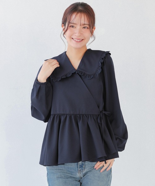 fitmore カシュクールぺプラムブラウス　ブルー セール】ジャガードカシュクールペプラムトップス（その他