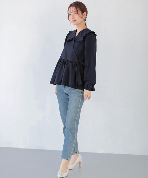 fitmore カシュクールぺプラムブラウス　ブルー Fit more ジャガードカシュクールペプラムトップス レディース