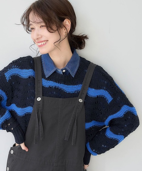 studio CLIP(スタディオクリップ)の「3ゲージウェーブボーダープルオーバー(ニット/セーター・レディース・アイボリー/ネイビー・FREE)」の1枚目の写真