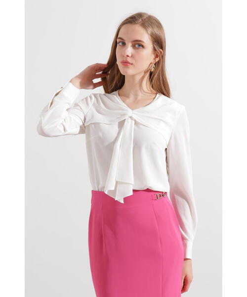 PINKY&DIANNE（ピンキーアンドダイアン）の「◆ギャザーボウタイブラウス（シャツ/ブラウス・レディース・ピンク/ホワイト/ネイビー・38）」の4枚目の写真