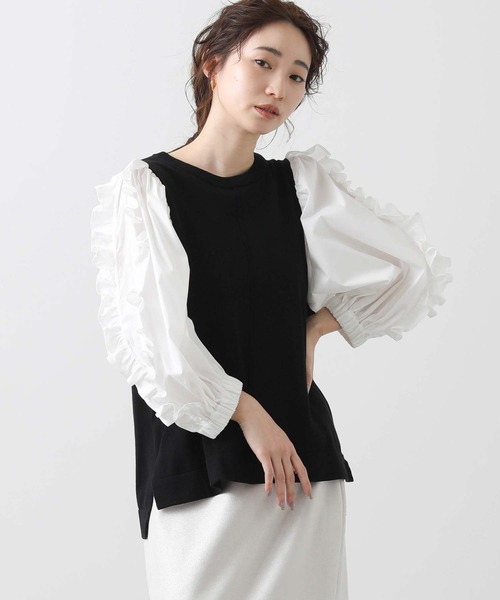 Torrazzo Donna(トラッゾドンナ)の「ニット×フリルパフ7分ニット(ニット/セーター・レディース・アイボリー/ブラック×ホワイト・FREE)」の14枚目の写真