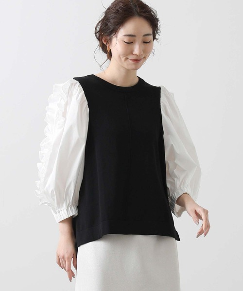 Torrazzo Donna(トラッゾドンナ)の「ニット×フリルパフ7分ニット(ニット/セーター・レディース・アイボリー/ブラック×ホワイト・FREE)」の11枚目の写真