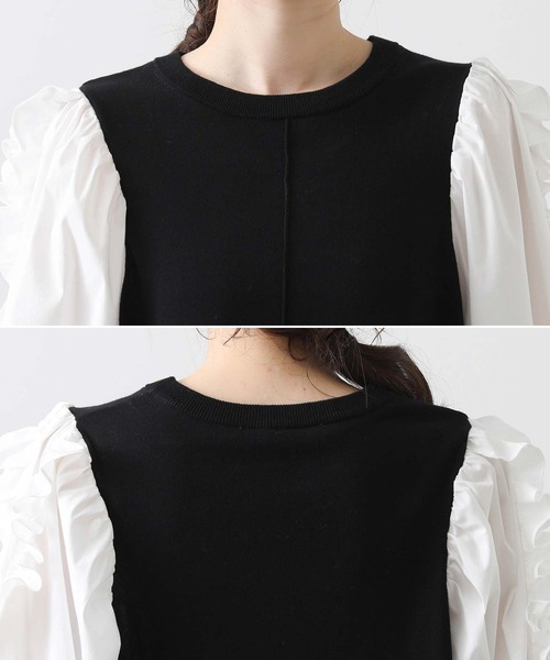 Torrazzo Donna(トラッゾドンナ)の「ニット×フリルパフ7分ニット(ニット/セーター・レディース・アイボリー/ブラック×ホワイト・FREE)」の7枚目の写真