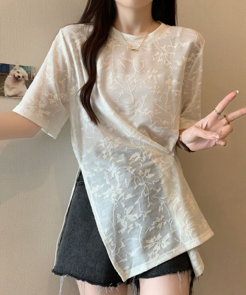 gossip!ロサンゼルス(ゴシップロサンゼルス)の「ボタニカルパターン シアーTシャツ(Tシャツ/カットソー・レディース・オフホワイト/ブラック・M)」の4枚目の写真