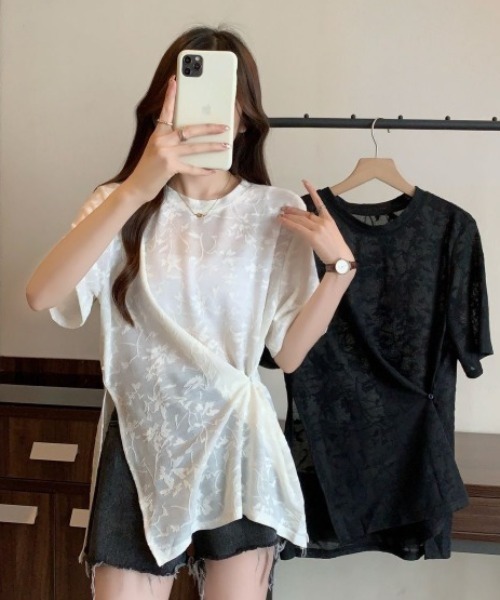 gossip!ロサンゼルス(ゴシップロサンゼルス)の「ボタニカルパターン シアーTシャツ(Tシャツ/カットソー・レディース・オフホワイト/ブラック・M)」の6枚目の写真