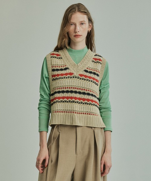 PUBLIC TOKYO(パブリックトウキョウ)の「ボーダーメッシュニットベスト(ベスト・レディース・ベージュ/ブラウン/アイボリー・FREE)」の20枚目の写真