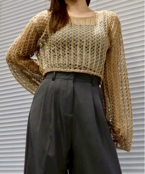 SOLA(ソラ)の「エアリーニットショートプルオーバー(軽透かし編み/レイヤードに最適)/ Airy Knit Short Pullover(ニット/セーター・レディース・ベージュ/ミント/ブラック/オフホワイト・FREE)」の13枚目の写真