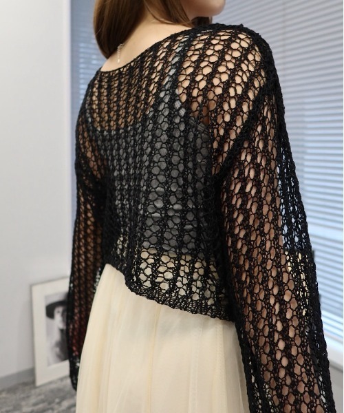 SOLA(ソラ)の「エアリーニットショートプルオーバー(軽透かし編み/レイヤードに最適)/ Airy Knit Short Pullover(ニット/セーター・レディース・ベージュ/ミント/ブラック/オフホワイト・FREE)」の6枚目の写真