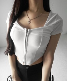 me+em select（ミームセレクト）の「【 ２color 】ダブルジップコルセットスクエアネックＴシャツ ／ double zip corset square neck  T-Shirt（Tシャツ/カットソー）」