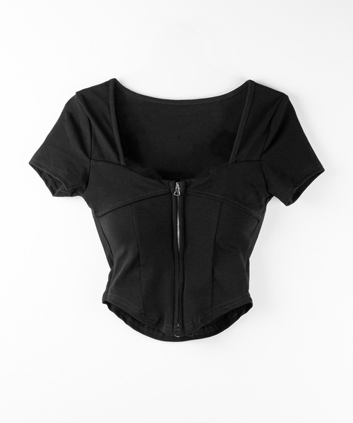 me+em select(ミームセレクト)の「※※【 2color 】ダブルジップコルセットスクエアネックTシャツ / double zip corset square neck T-Shirt(Tシャツ/カットソー・レディース・ホワイト/ブラック・FREE)」の3枚目の写真
