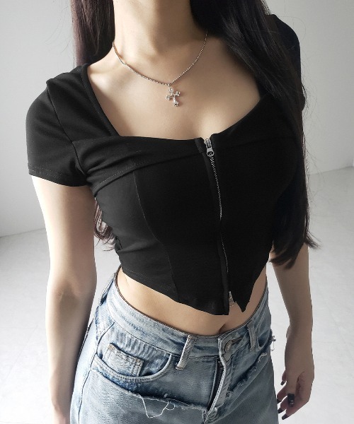 me+em select(ミームセレクト)の「※※【 2color 】ダブルジップコルセットスクエアネックTシャツ / double zip corset square neck T-Shirt(Tシャツ/カットソー・レディース・ホワイト/ブラック・FREE)」の10枚目の写真