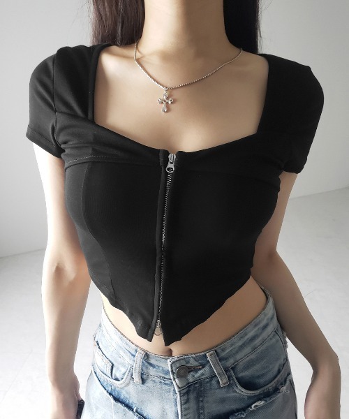 me+em select(ミームセレクト)の「※※【 2color 】ダブルジップコルセットスクエアネックTシャツ / double zip corset square neck T-Shirt(Tシャツ/カットソー・レディース・ホワイト/ブラック・FREE)」の11枚目の写真