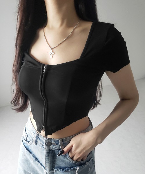 me+em select(ミームセレクト)の「※※【 2color 】ダブルジップコルセットスクエアネックTシャツ / double zip corset square neck T-Shirt(Tシャツ/カットソー・レディース・ホワイト/ブラック・FREE)」の12枚目の写真