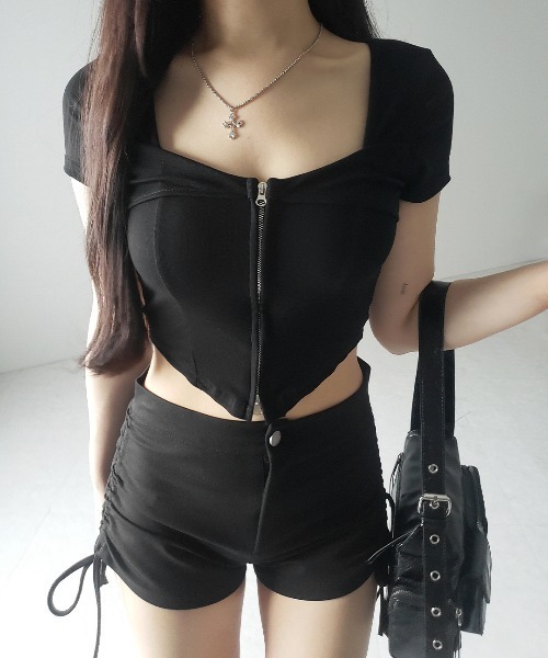 me+em select(ミームセレクト)の「※※【 2color 】ダブルジップコルセットスクエアネックTシャツ / double zip corset square neck T-Shirt(Tシャツ/カットソー・レディース・ホワイト/ブラック・FREE)」の21枚目の写真