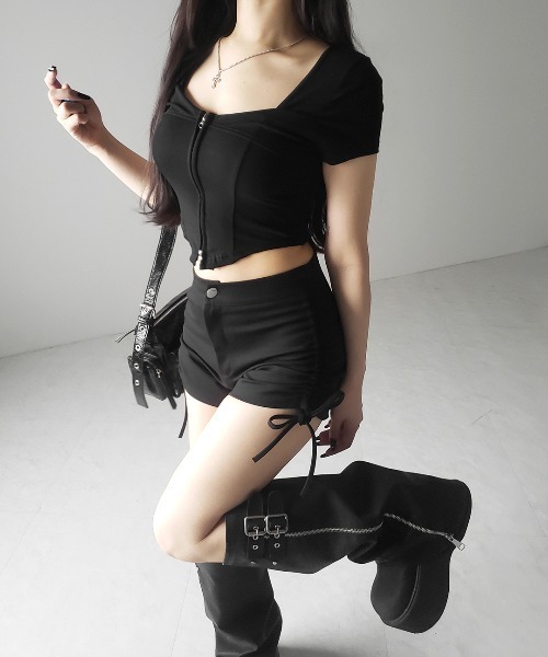 me+em select(ミームセレクト)の「※※【 2color 】ダブルジップコルセットスクエアネックTシャツ / double zip corset square neck T-Shirt(Tシャツ/カットソー・レディース・ホワイト/ブラック・FREE)」の16枚目の写真