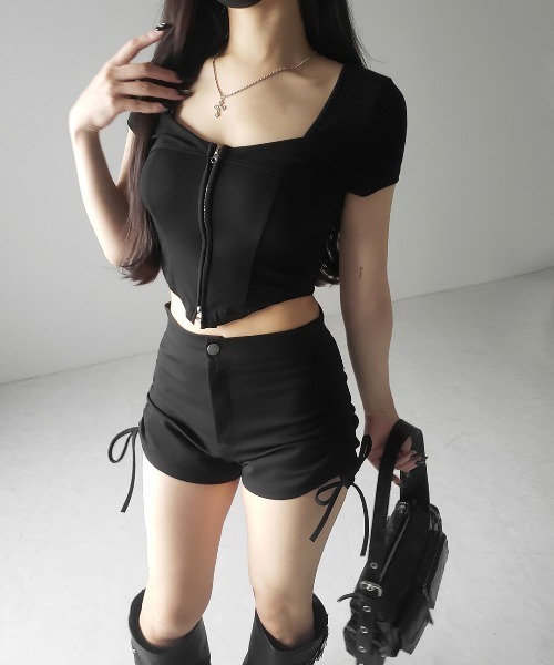 me+em select(ミームセレクト)の「※※【 2color 】ダブルジップコルセットスクエアネックTシャツ / double zip corset square neck T-Shirt(Tシャツ/カットソー・レディース・ホワイト/ブラック・FREE)」の18枚目の写真
