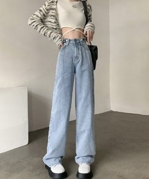 デニムストレートパンツ ハイウエストジーンス 脚長ボトムス