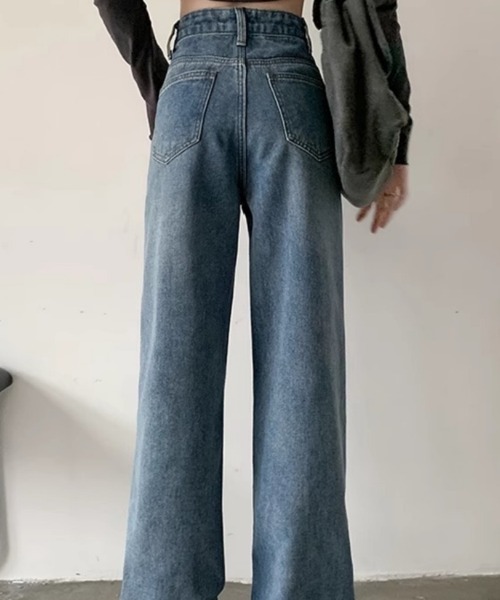 セール】デニムストレートパンツ ハイウエストジーンス 脚長