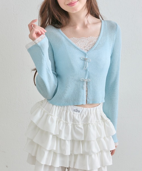 OLIVE des OLIVE(オリーブデオリーブ)の「【気温差にも◎】ビーズリボンシアカーデ(カーディガン/ボレロ・レディース・ピンク/サックスブルー/ブラック/オフホワイト・FREE)」の4枚目の写真