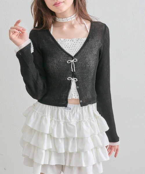 OLIVE des OLIVE(オリーブデオリーブ)の「【気温差にも◎】ビーズリボンシアカーデ(カーディガン/ボレロ・レディース・ピンク/サックスブルー/ブラック/オフホワイト・FREE)」の3枚目の写真