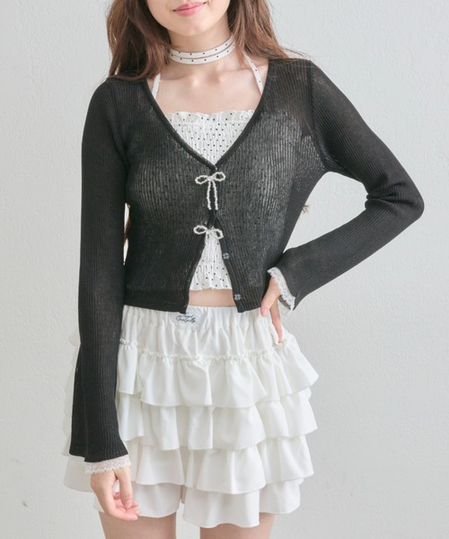 OLIVE des OLIVE(オリーブデオリーブ)の「【気温差にも◎】ビーズリボンシアカーデ(カーディガン/ボレロ・レディース・ピンク/サックスブルー/ブラック/オフホワイト・FREE)」の6枚目の写真