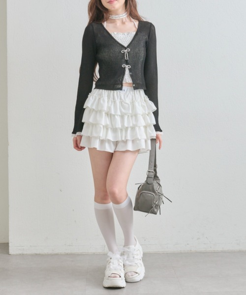 OLIVE des OLIVE(オリーブデオリーブ)の「【気温差にも◎】ビーズリボンシアカーデ(カーディガン/ボレロ・レディース・ピンク/サックスブルー/ブラック/オフホワイト・FREE)」の10枚目の写真