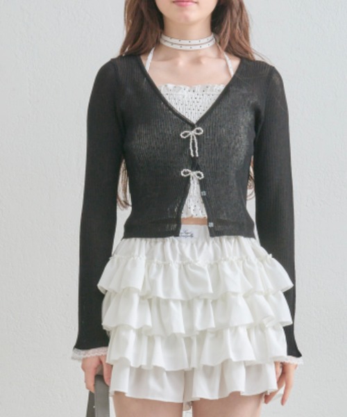 OLIVE des OLIVE(オリーブデオリーブ)の「【気温差にも◎】ビーズリボンシアカーデ(カーディガン/ボレロ・レディース・ピンク/サックスブルー/ブラック/オフホワイト・FREE)」の8枚目の写真