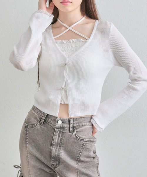 OLIVE des OLIVE(オリーブデオリーブ)の「【気温差にも◎】ビーズリボンシアカーデ(カーディガン/ボレロ・レディース・ピンク/サックスブルー/ブラック/オフホワイト・FREE)」の13枚目の写真