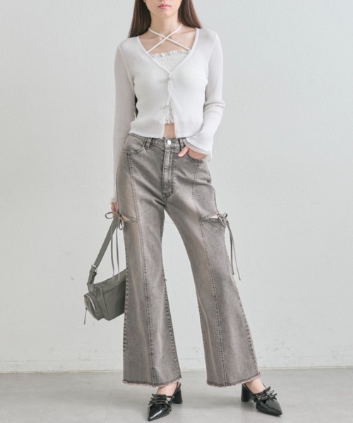 OLIVE des OLIVE(オリーブデオリーブ)の「【気温差にも◎】ビーズリボンシアカーデ(カーディガン/ボレロ・レディース・ピンク/サックスブルー/ブラック/オフホワイト・FREE)」の15枚目の写真